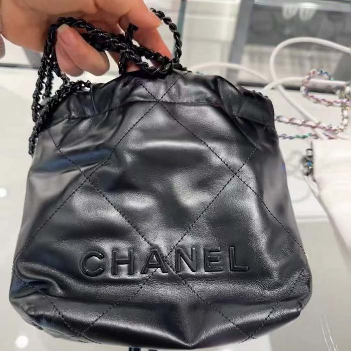 Chanel Women CC 22 Mini Handbag Shiny Calfskin Black Metal Black