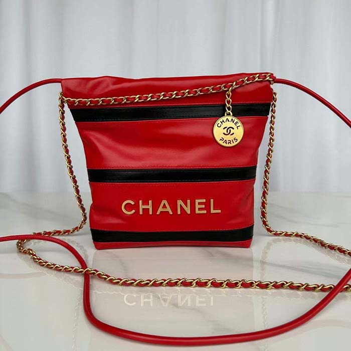 Chanel Women CC 22 Mini Handbag Shiny Calfskin Red Black