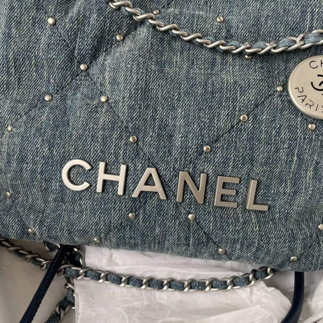 Chanel Women CC 22 Mini Handbag Washed Denim Silver-Tone Metal Blue