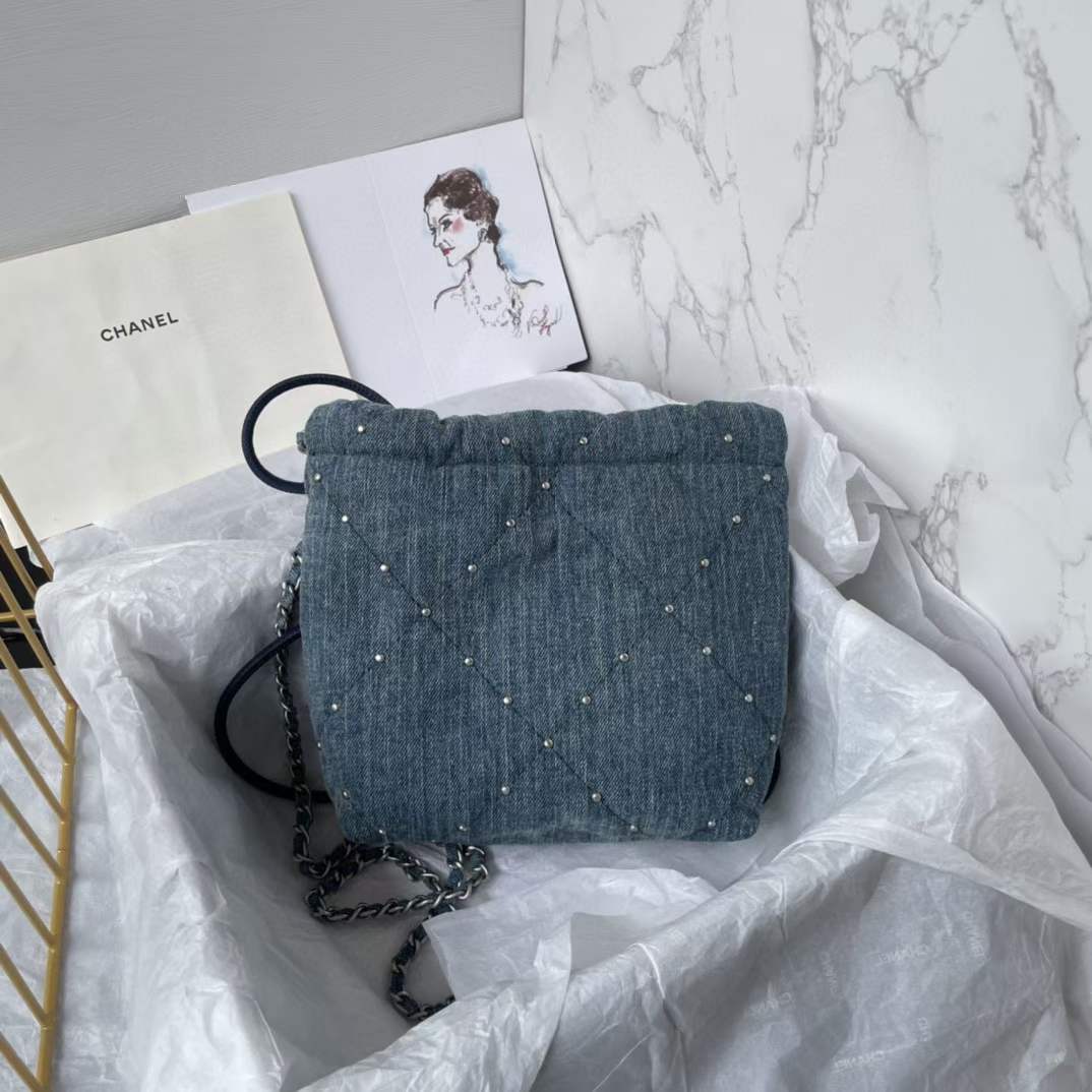 Chanel Women CC 22 Mini Handbag Washed Denim Silver-Tone Metal Blue
