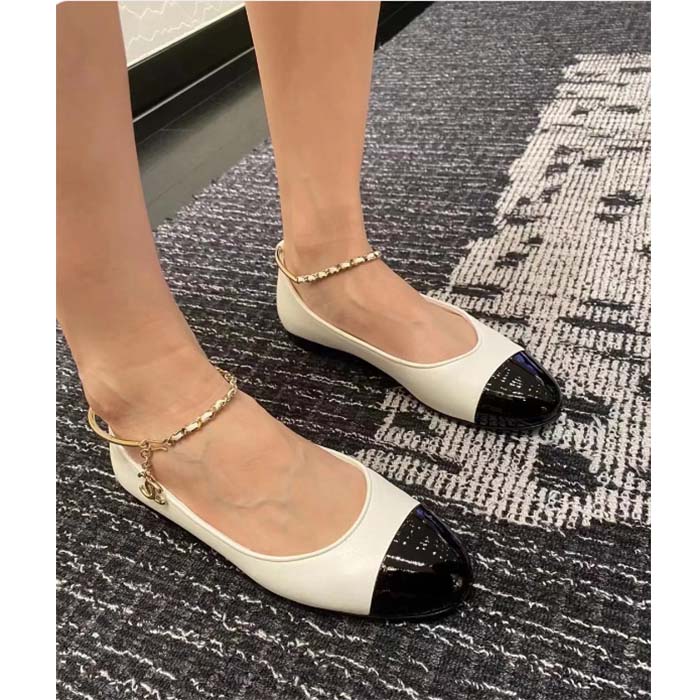 Chanel Women CC Ballerinas Lambskin Leather Flats Beige Black