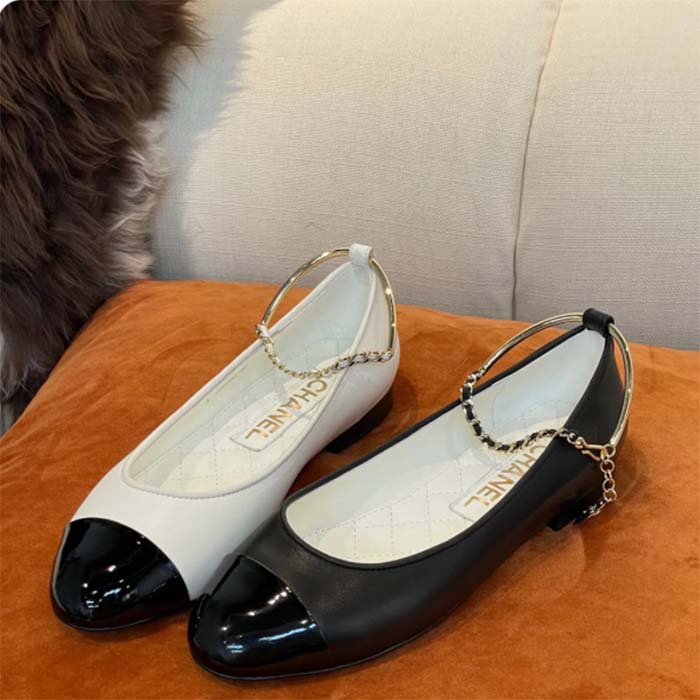 Chanel Women CC Ballerinas Lambskin Leather Flats Beige Black