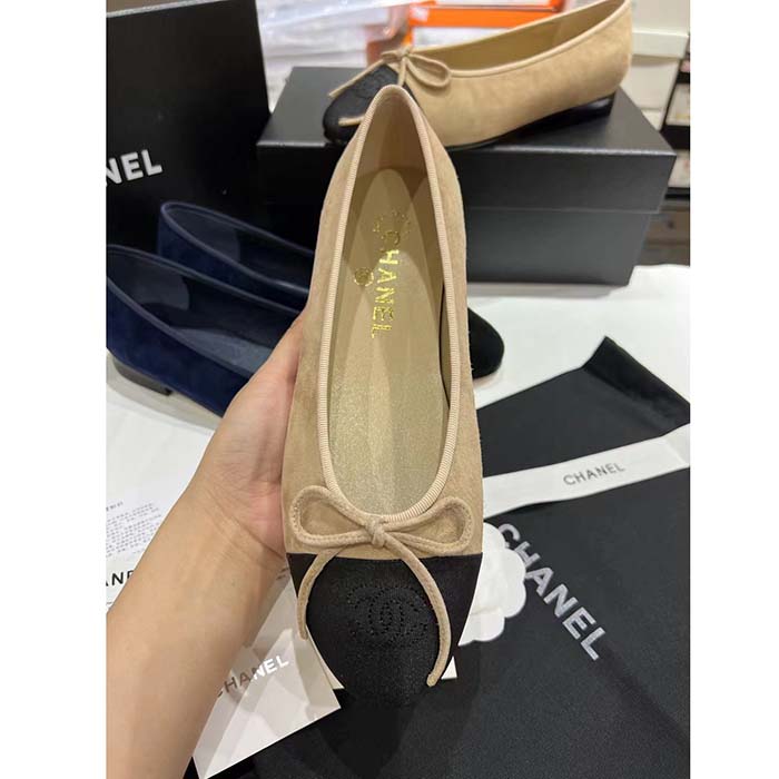 Chanel Women CC Ballet Flats Lambskin Beige Black 1 CM Heel