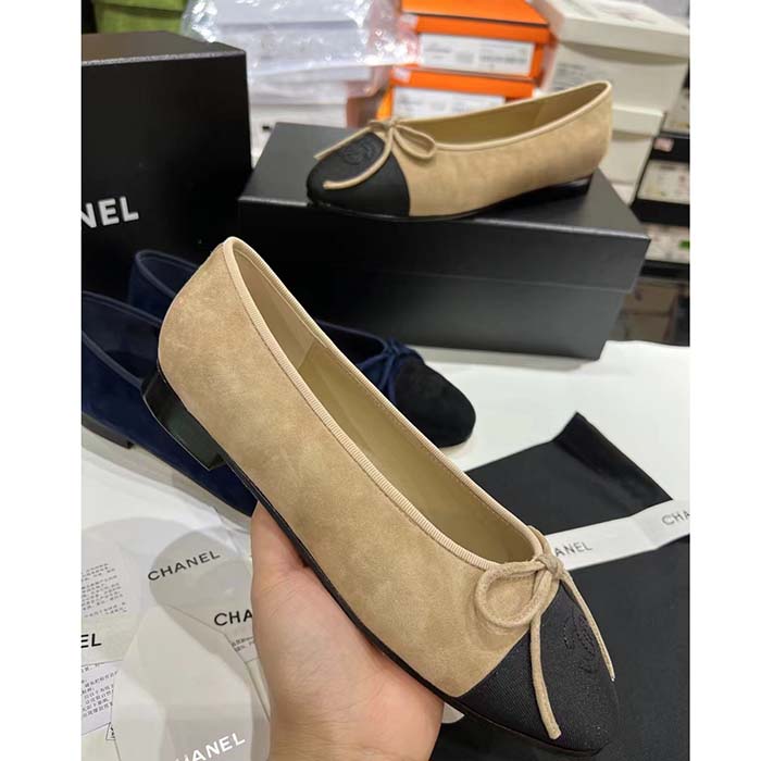 Chanel Women CC Ballet Flats Lambskin Beige Black 1 CM Heel