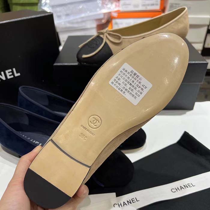 Chanel Women CC Ballet Flats Lambskin Beige Black 1 CM Heel