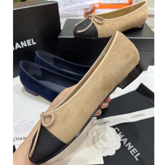 Chanel Women CC Ballet Flats Lambskin Beige Black 1 CM Heel