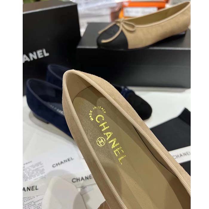 Chanel Women CC Ballet Flats Lambskin Beige Black 1 CM Heel