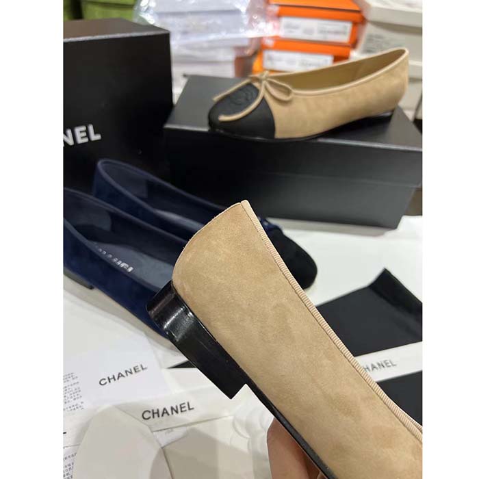 Chanel Women CC Ballet Flats Lambskin Beige Black 1 CM Heel