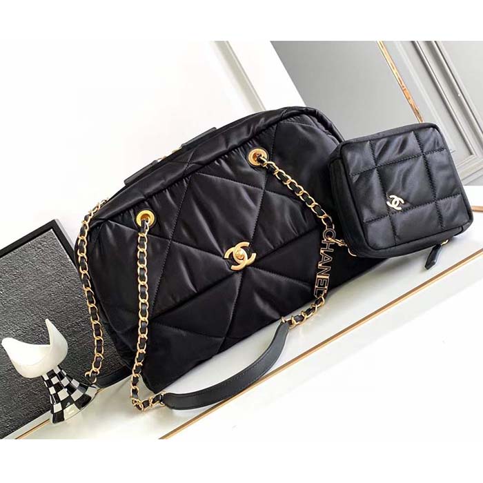 Chanel Women CC Large Bowling Bag Satin Gold-Tone Metal Black