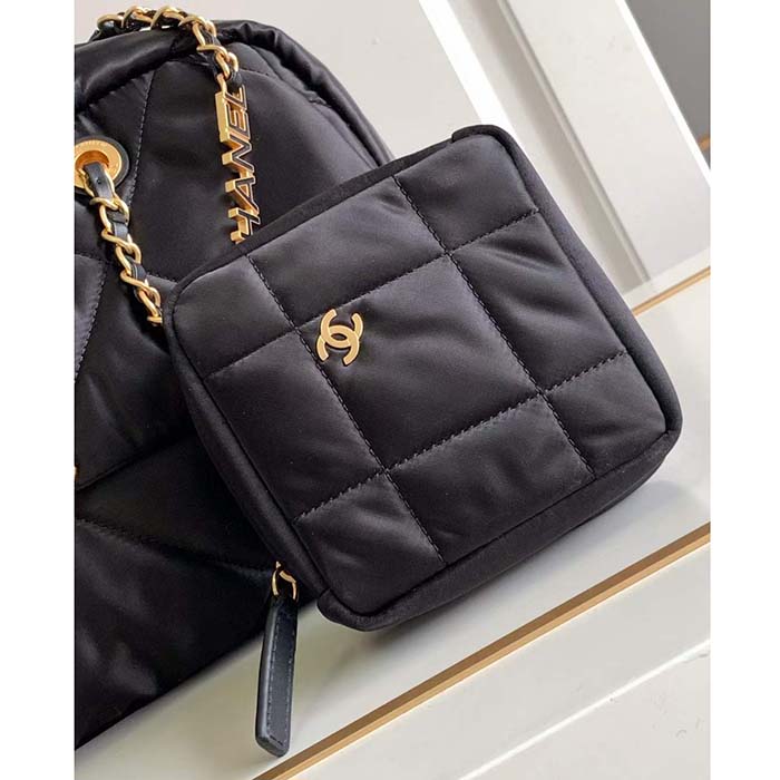 Chanel Women CC Large Bowling Bag Satin Gold-Tone Metal Black