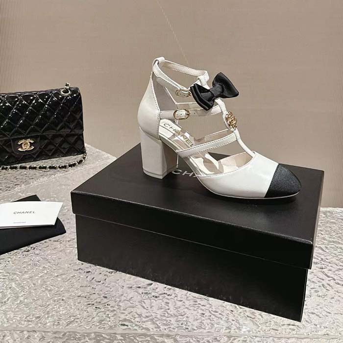 Chanel Women CC Mary Janes Lambskin Grosgrain White Black