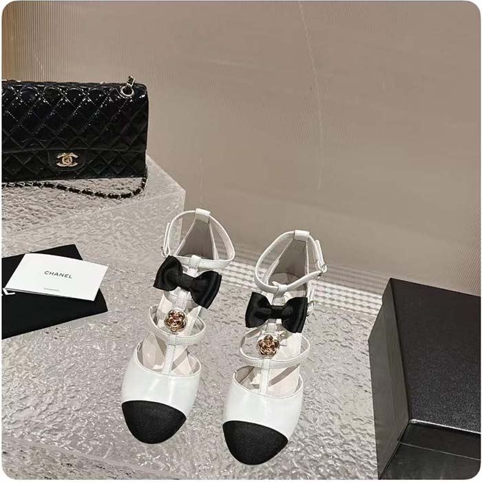 Chanel Women CC Mary Janes Lambskin Grosgrain White Black