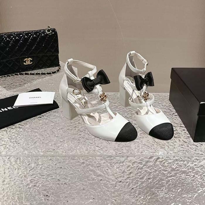 Chanel Women CC Mary Janes Lambskin Grosgrain White Black