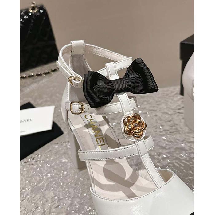 Chanel Women CC Mary Janes Lambskin Grosgrain White Black