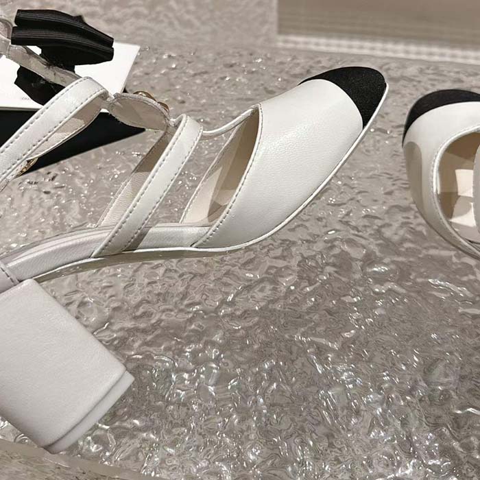 Chanel Women CC Mary Janes Lambskin Grosgrain White Black