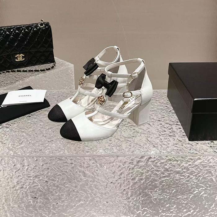 Chanel Women CC Mary Janes Lambskin Grosgrain White Black