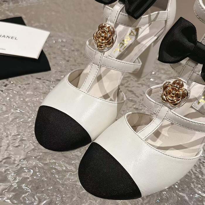 Chanel Women CC Mary Janes Lambskin Grosgrain White Black