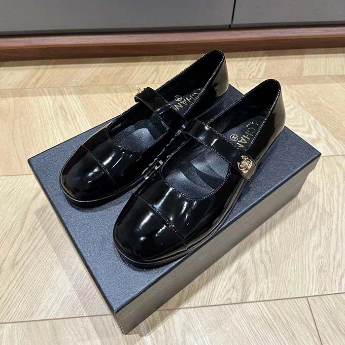 Chanel Women CC Mary Janes Patent Calfskin Black 2 CM Heel
