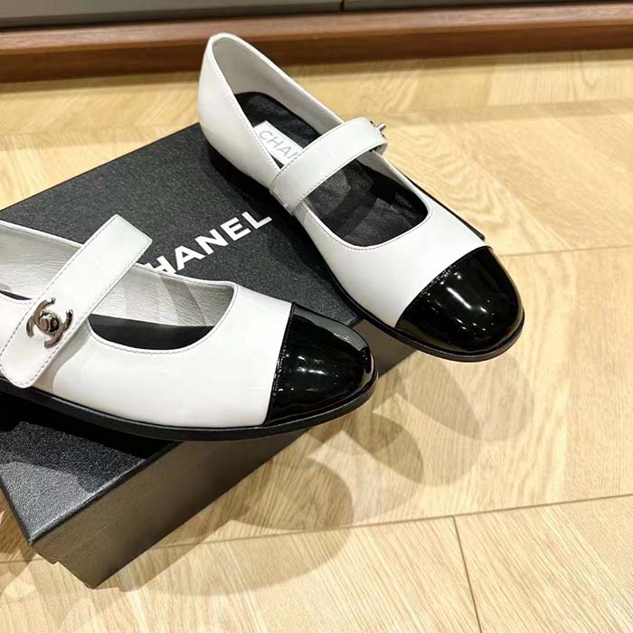 Chanel Women CC Mary Janes Patent Calfskin White Black 2 CM Heel