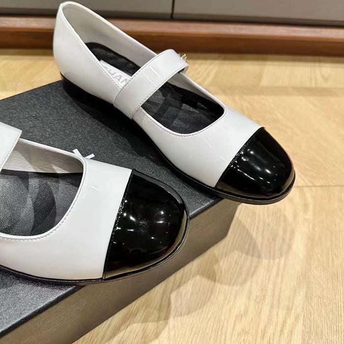 Chanel Women CC Mary Janes Patent Calfskin White Black 2 CM Heel