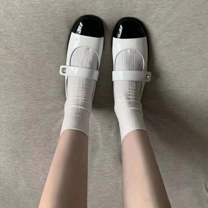 Chanel Women CC Mary Janes Patent Calfskin White Black 2 CM Heel