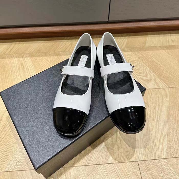 Chanel Women CC Mary Janes Patent Calfskin White Black 2 CM Heel