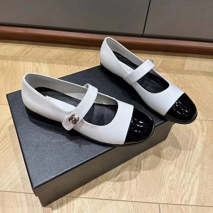 Chanel Women CC Mary Janes Patent Calfskin White Black 2 CM Heel
