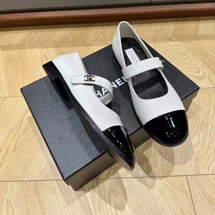 Chanel Women CC Mary Janes Patent Calfskin White Black 2 CM Heel