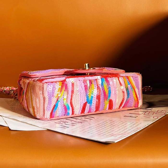 Chanel Women CC Mini Flap Bag Embroidered Satin Sequins Pink