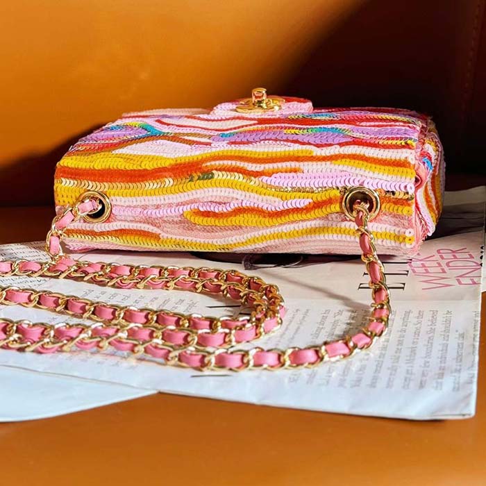Chanel Women CC Mini Flap Bag Embroidered Satin Sequins Pink