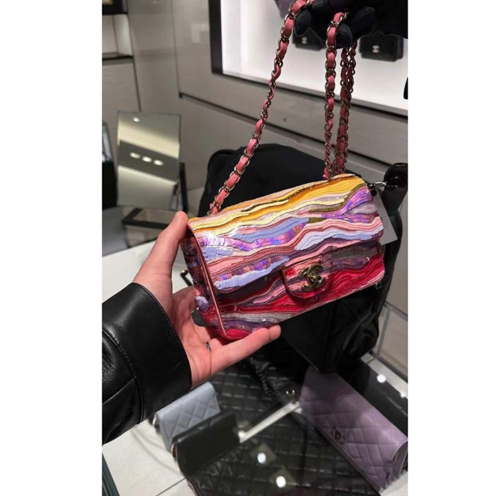 Chanel Women CC Mini Flap Bag Embroidered Satin Sequins Pink