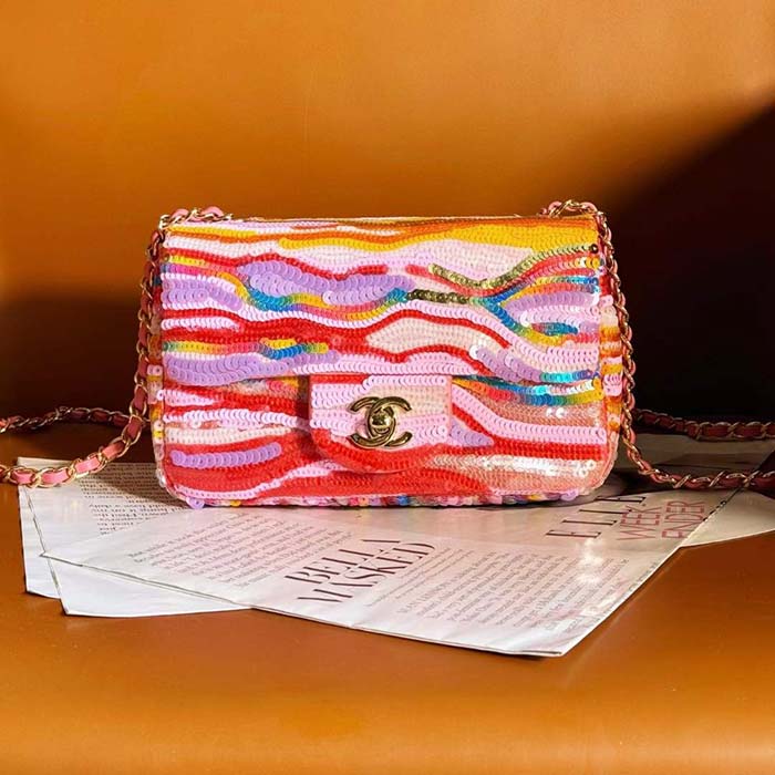 Chanel Women CC Mini Flap Bag Embroidered Satin Sequins Pink