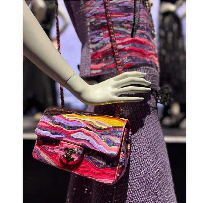 Chanel Women CC Mini Flap Bag Embroidered Satin Sequins Pink