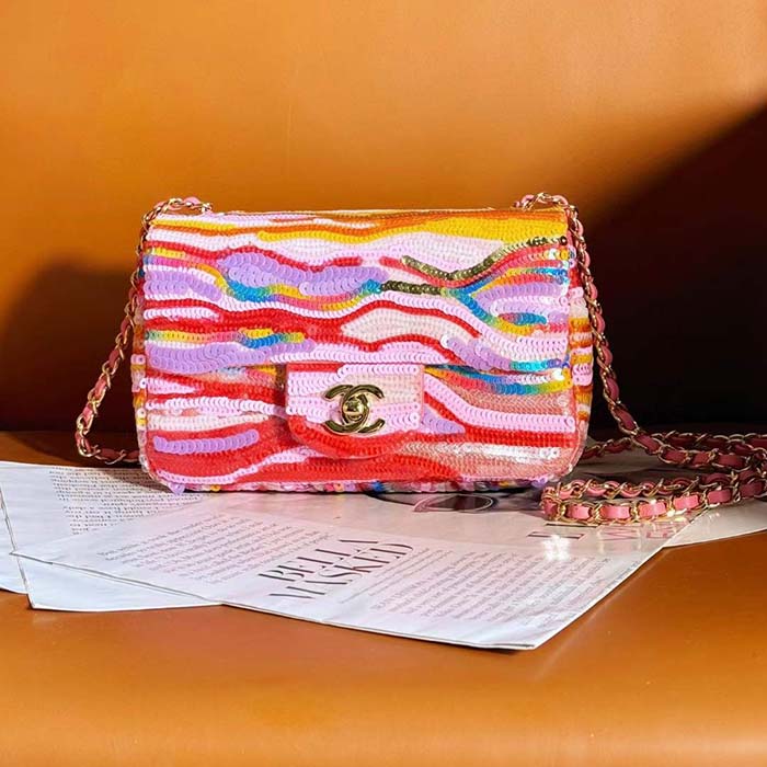 Chanel Women CC Mini Flap Bag Embroidered Satin Sequins Pink