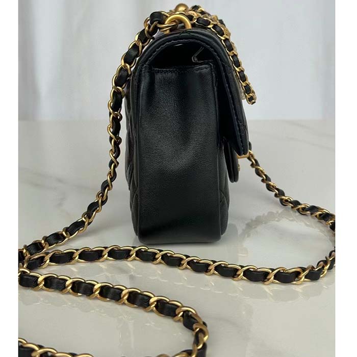 Chanel Women CC Mini Flap Bag Shiny Lambskin Imitation Pearls Black