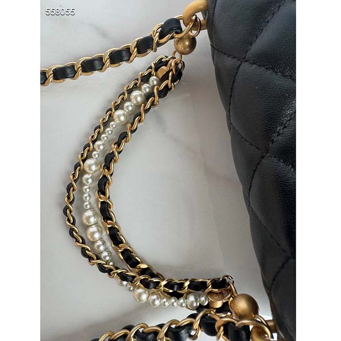 Chanel Women CC Mini Flap Bag Shiny Lambskin Imitation Pearls Black