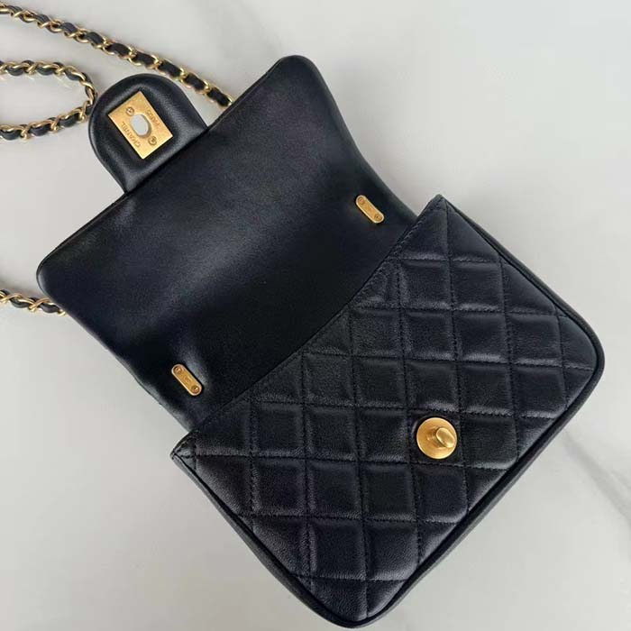 Chanel Women CC Mini Flap Bag Shiny Lambskin Imitation Pearls Black