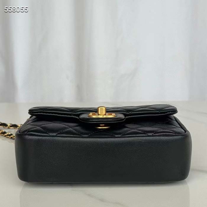Chanel Women CC Mini Flap Bag Shiny Lambskin Imitation Pearls Black