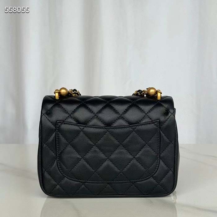Chanel Women CC Mini Flap Bag Shiny Lambskin Imitation Pearls Black