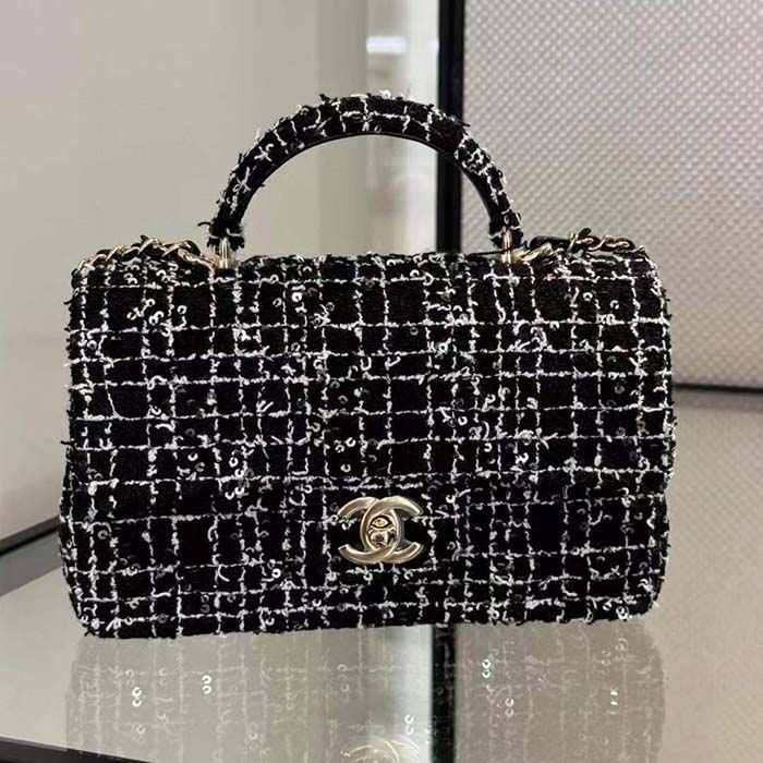 Chanel Women CC Mini Flap Bag Top Handle Sequin Tweed Black
