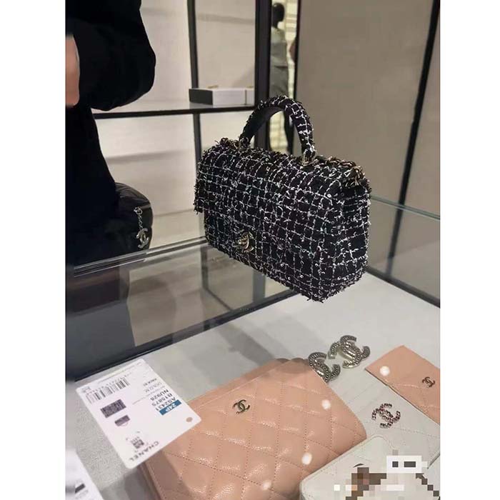 Chanel Women CC Mini Flap Bag Top Handle Sequin Tweed Black