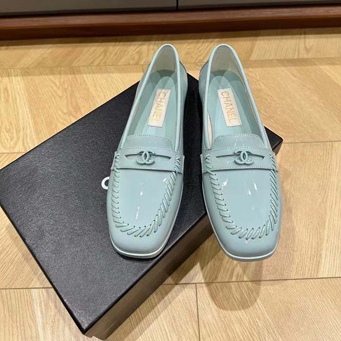 Chanel Women CC Moccasins Patent Calfskin Light Blue 1 CM Heel