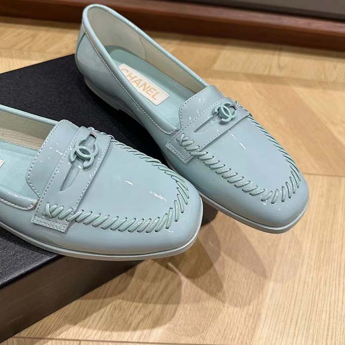Chanel Women CC Moccasins Patent Calfskin Light Blue 1 CM Heel