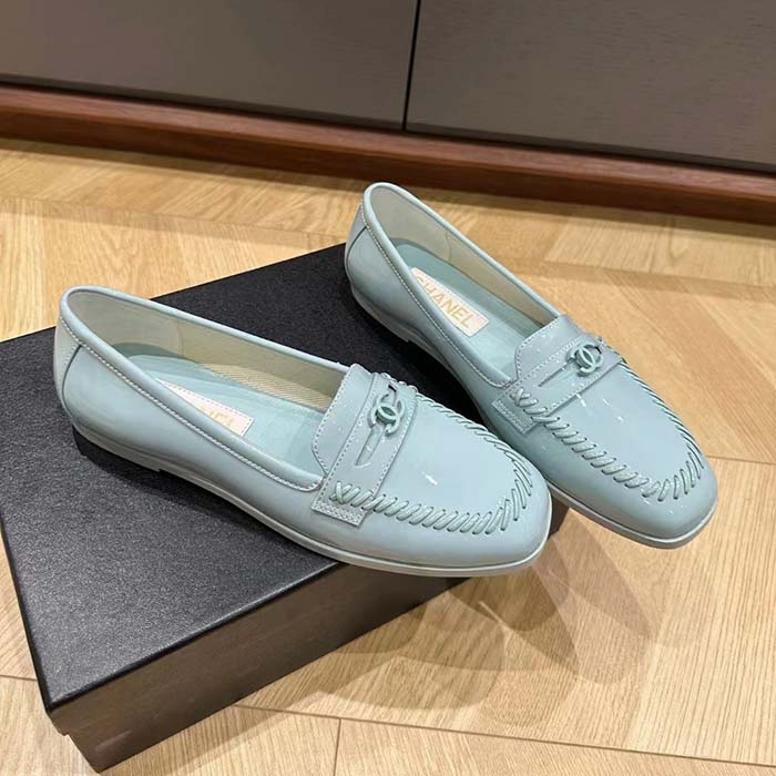Chanel Women CC Moccasins Patent Calfskin Light Blue 1 CM Heel