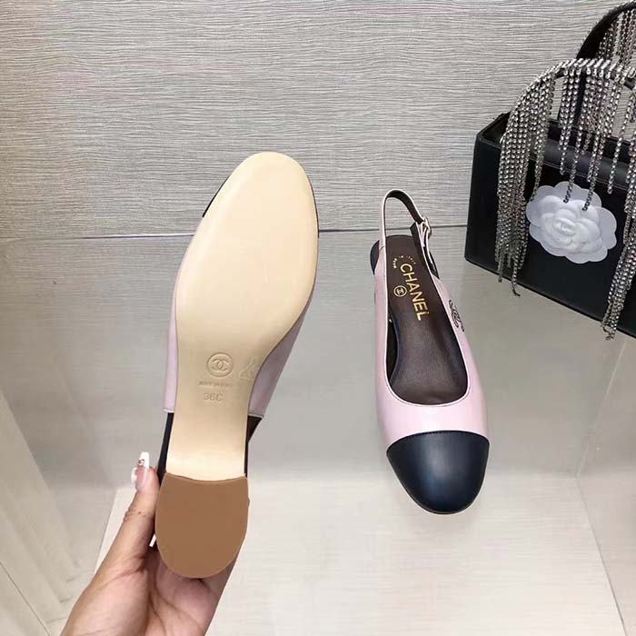 Chanel Women CC Slingbacks Calfskin Light Pink Dark Navy Blue