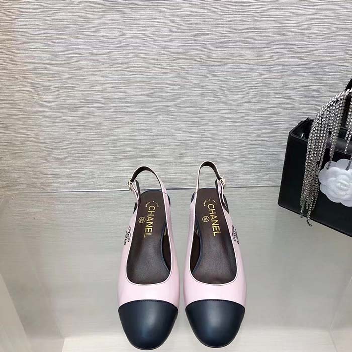 Chanel Women CC Slingbacks Calfskin Light Pink Dark Navy Blue