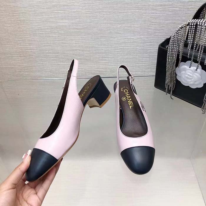 Chanel Women CC Slingbacks Calfskin Light Pink Dark Navy Blue