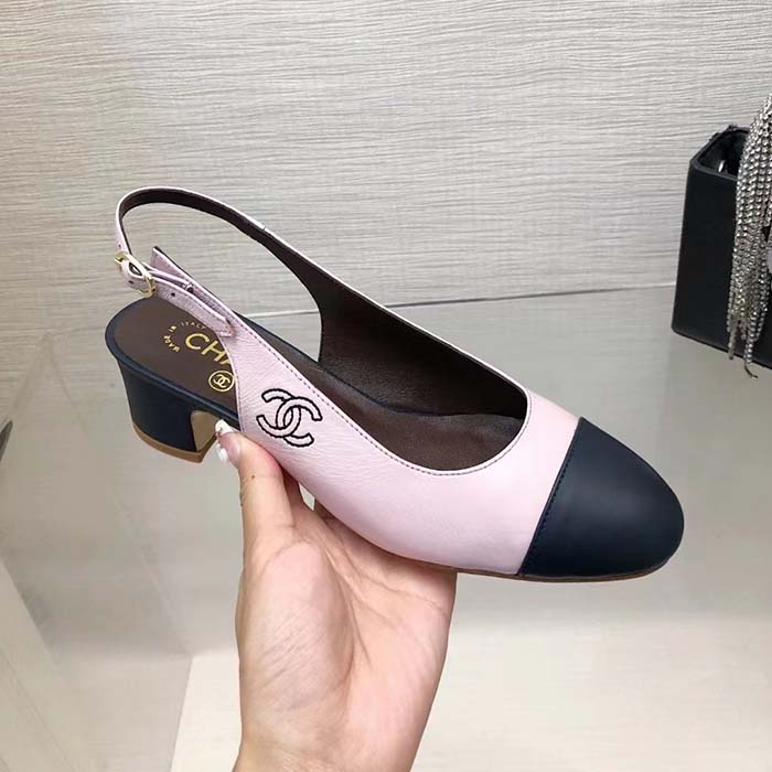 Chanel Women CC Slingbacks Calfskin Light Pink Dark Navy Blue