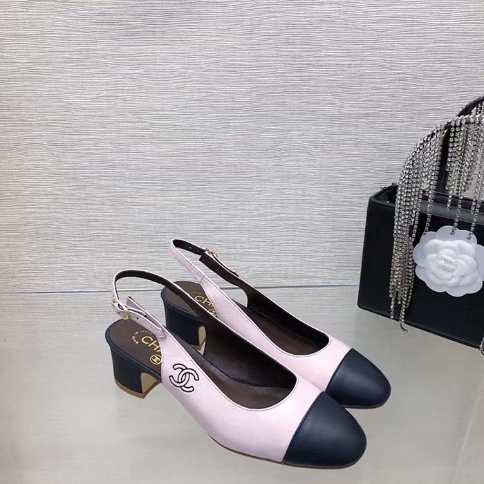 Chanel Women CC Slingbacks Calfskin Light Pink Dark Navy Blue