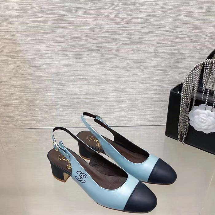 Chanel Women CC Slingbacks Calfskin Turquoise Dark Navy Blue